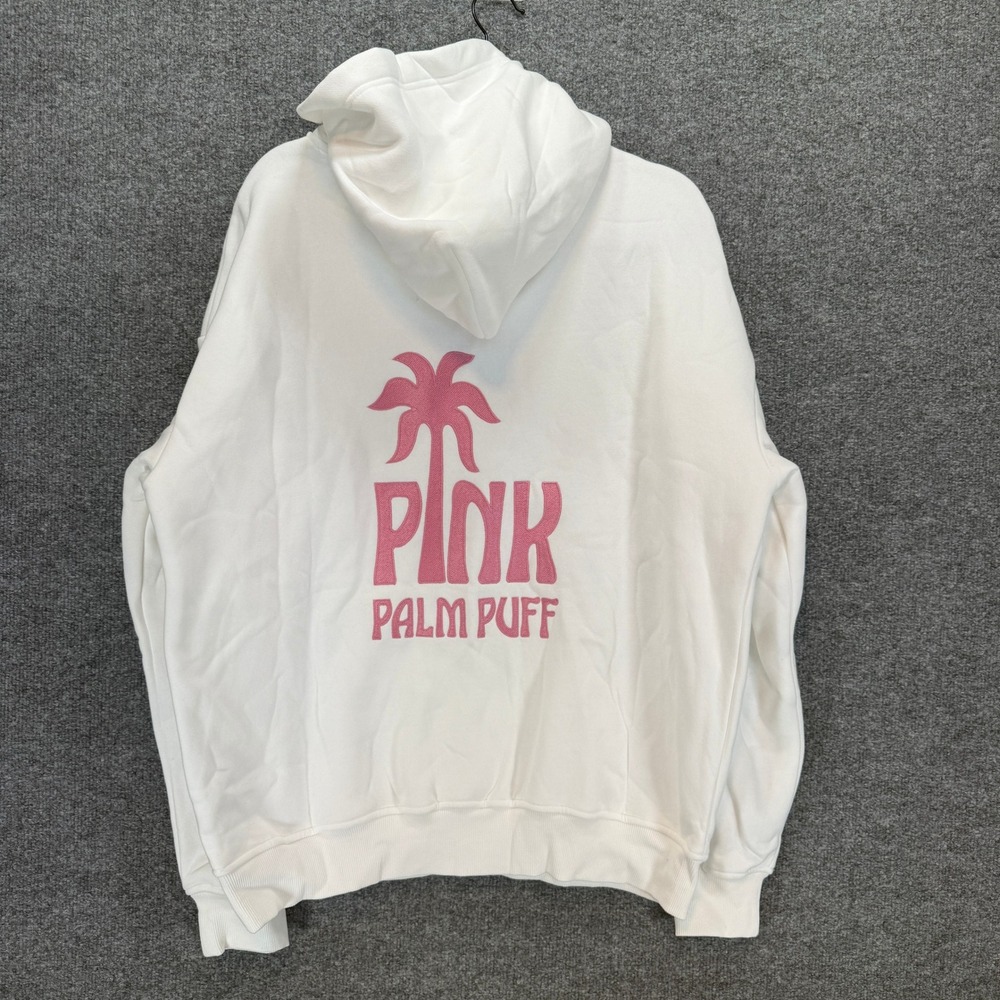Pink Palm Puff Hoodie Women Large White Pink Puff Print Graphic Sweatshirt NEW